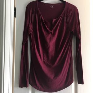 [S] LOFT Burgundy Long Sleeve Split Neck Shirt